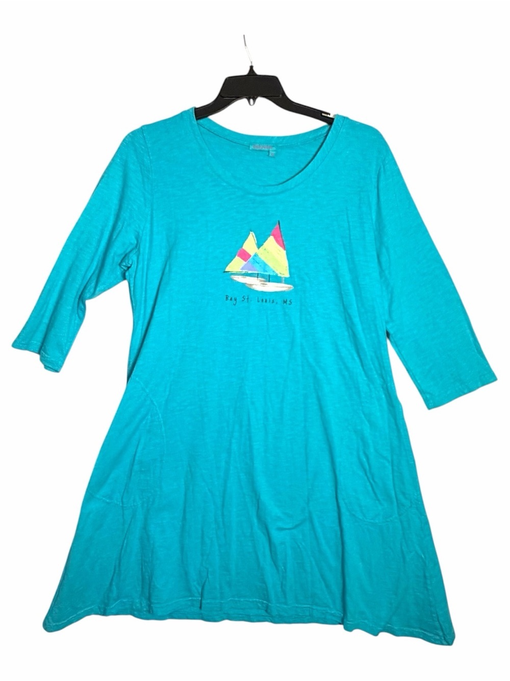 Fresh Produce Women's 1X Cotton Turquoise Dress Pockets Bay St Louis MS Sailboat